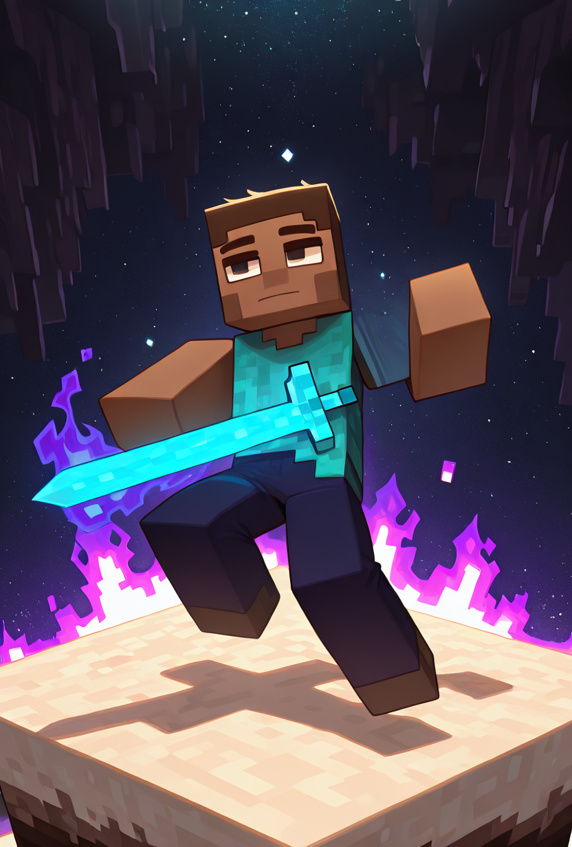 <lora:stevemc-08:1> stevemc, 1boy, male focus, cyan shirt, brown hair, dark-skinned male, dark blue pants, square, square body, square arms,dynamic pose, Minecraft cave, holding diamond sword, minecraft sword, blue sword, white sand, in space, purple fire,, masterpiece, best quality, amazing quality, very aesthetic, absurdres, newest,