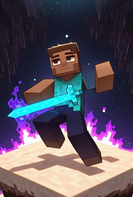 <lora:stevemc-08:1> stevemc, 1boy, male focus, cyan shirt, brown hair, dark-skinned male, dark blue pants, square, square body, square arms,dynamic pose, Minecraft cave, holding diamond sword, minecraft sword, blue sword, white sand, in space, purple fire,, masterpiece, best quality, amazing quality, very aesthetic, absurdres, newest,