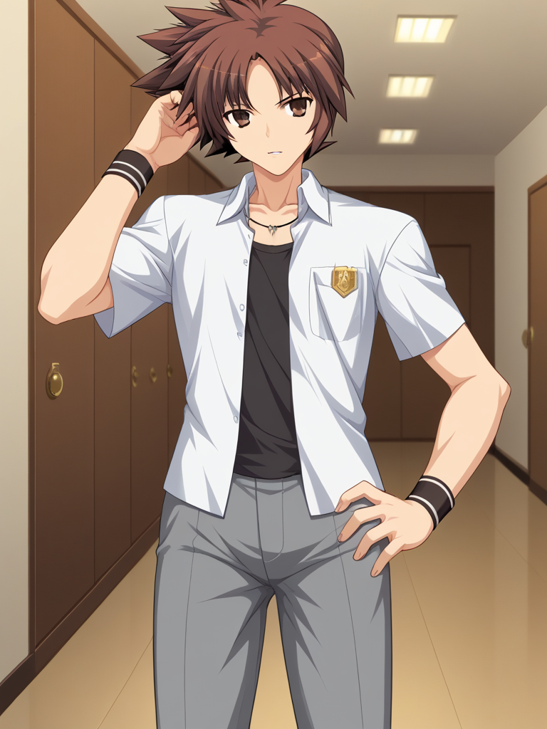 1boy, solo, reijilokiEXAEXSFA, brown hair, spiked hair, brown eyes, white collared jacket, short sleeves, shirt, wristband, grey pants, emblem, necklace, jewelry, school uniform, indoors, corridor, hand on hair, hand on hip, cowboy shot, looking at viewer, parted lips,