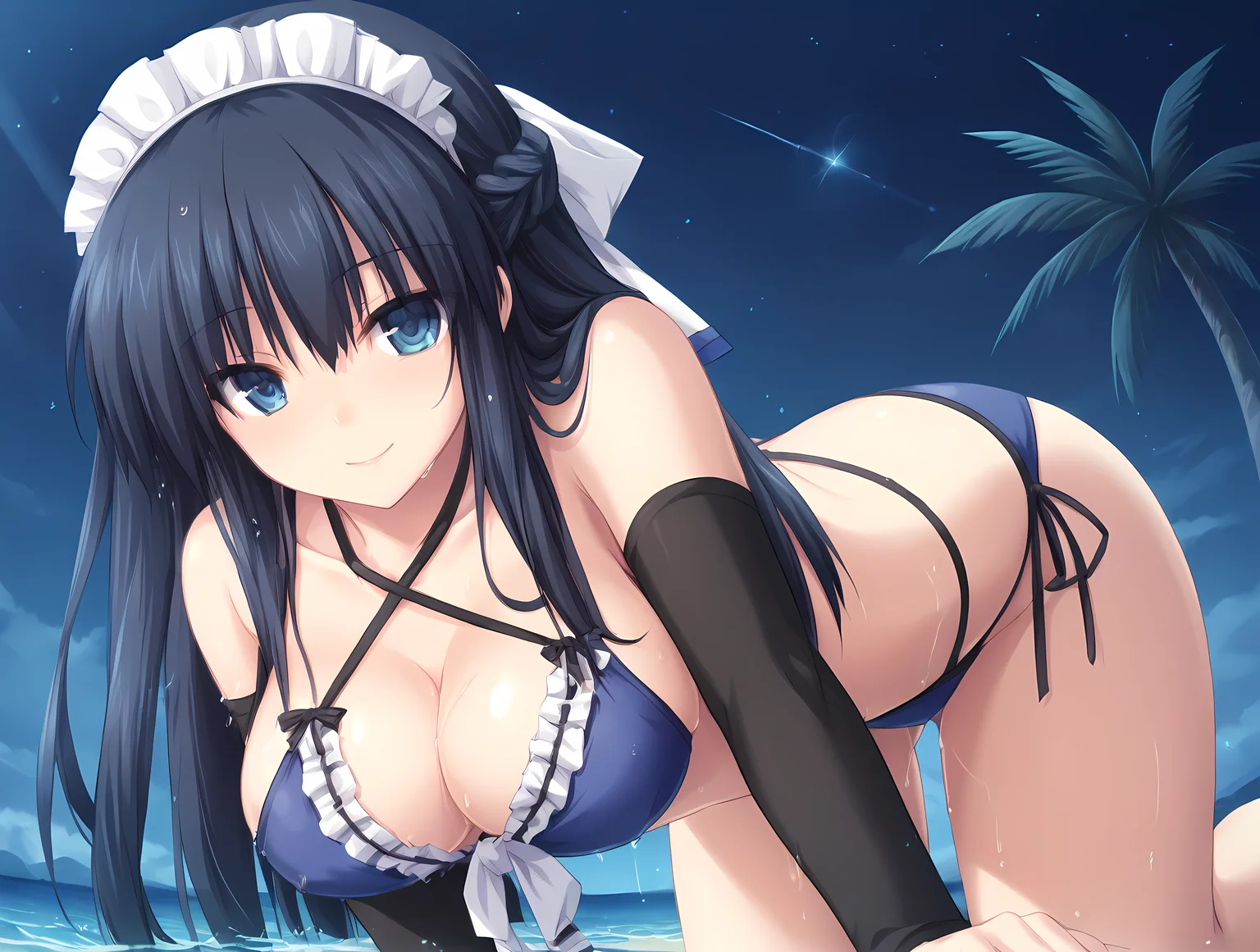 arched back,kneeling,bent over,eushully,liselle,long hair,black hair,lace,criss-cross straps,string,tied shirt,navel,midriff,large breasts,blue eyes,half updo,braid,standing,detached sleeves,side-tie bikini bottom,silk,maid,seductive smile,pose,sexually suggestive,moonlight,moonlit,<lora:Eushully_Liselle_Madou_Koukaku_EP10:0.9>,beach,night,night sky,palm tree,wet,wet clothes,adjusting clothes,head on hand,arm support,, score_9, score_8_up, score_7_up,source_anime,(masterpiece),(best quality),(ultra-detailed),(best illustration),(best shadow),(absurdres),(detailed background),(very aesthetic),source_anime