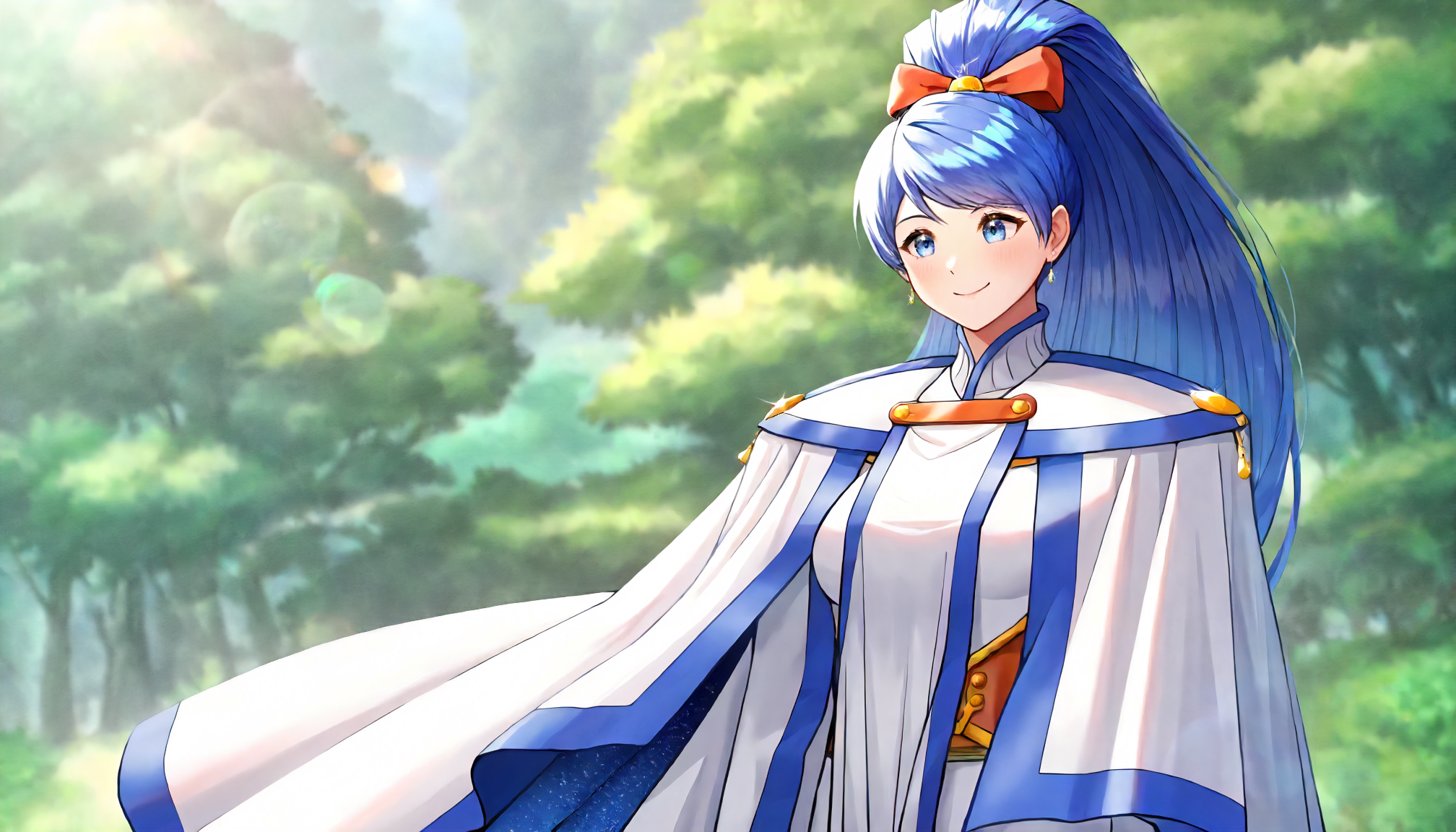 <lora:ML2_SakuyaRanzaiwaXLIllustrious004>,
masterpiece,best quality,good quality,newest,
outdoors,nature,lens_flare,glitter,
smile,
looking at another,
solo,
SakuyaRanzaiwa,1girl,blue hair,wide ponytail,hair bow,blue eyes,earrings,
breasts,
shoulder_pad,cape,robe,
standing,