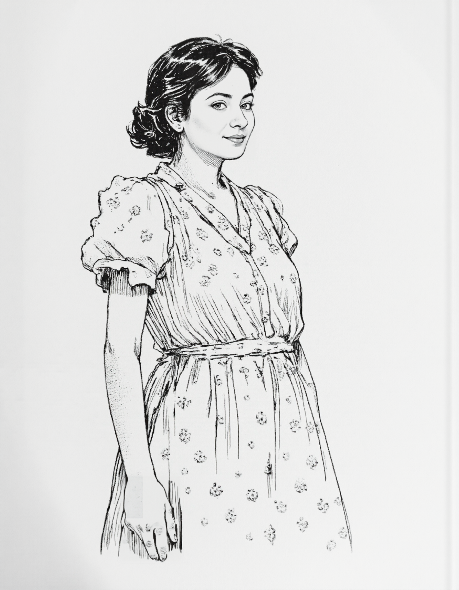 <lora:mig4v:1>, This image is a black-and-white line drawing, likely created with a pen or pencil, of, <lora:Dark_Ghibli:0.8>, masterpiece iconic portrait of pretty mature woman with black hair dressed white summer cotton dress, <lora:dada:0.8>