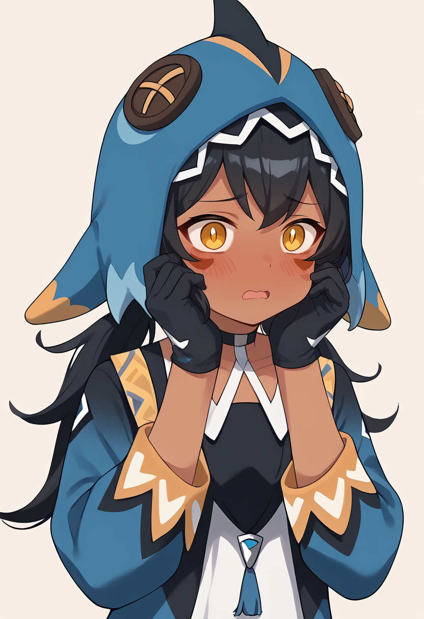 masterpiece, best quality, uncensored, source_anime, score_9, score_8_up, score_7_up, score_6_up, score_5_up, score_4_up, 1girl, solo, aminachief, dark-skinned female, black hair, low pigtails, yellow eyes, blue animal hat, shark hat, choker, facial mark, open mouth, pinafore dress, blue jacket, long sleeves, black gloves, full-face blush, hands on cheeks, @_@, open mouth, embarrassed, shy, <lora:AminaChiefPeopleoftheSpring:0.8> <lora:blush:1.5>