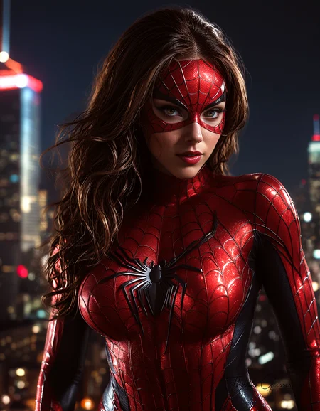 cinematic film still A photorealistic portrait of a stunningly beautiful Spider-Woman, her alluring features accentuated by her form-fitting, web-patterned suit. Her eyes, a mesmerizing shade of red or black, sparkle with a mischievous glint, hinting at her superhuman abilities and playful nature. Her long, flowing hair cascades over her shoulders, framing her face with an air of mystery and intrigue. Her pose is confident and seductive, showcasing her athletic physique and powerful presence. The background is a dimly lit cityscape, with towering skyscrapers and neon lights creating a dramatic backdrop. The lighting is dramatic, highlighting the contours of her body and the intricate details of her costume.  <lora:MJ52.safetensors:0.00>     . shallow depth of field, vignette, highly detailed, high budget, bokeh, cinemascope, moody, epic, gorgeous, film grain, grainy