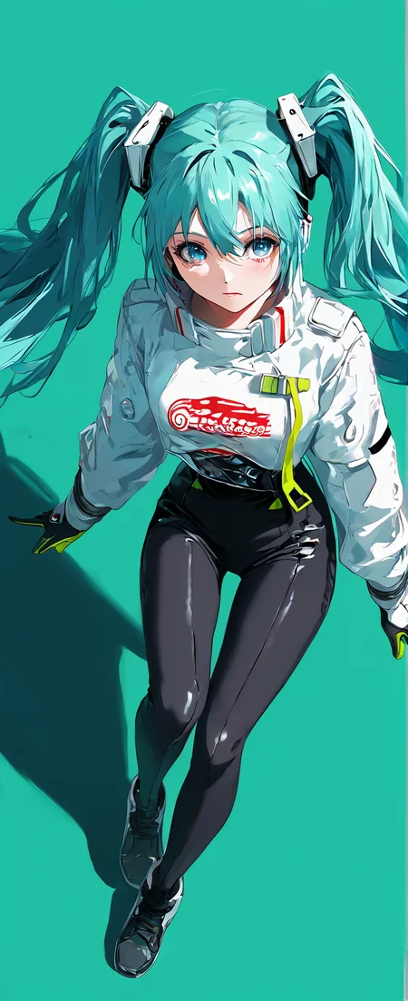 score_9,score_8_up,score_7_up,,source_anime BREAK, 1girl, solo,, s1_dram, from above, on country, RHM22, hatsune miku, 1girl, racing miku, solo, green gloves, twintails, long hair, blue eyes, black bodysuit , two-tone gloves, aqua hair, hair between eyes, jacket, long sleeves, white jacket, long legs<lora:S1_Dramatic_Lighting_v2:0.8>,<lora:ã¬ã¼ã·ã³ã°ãã¯22:1>