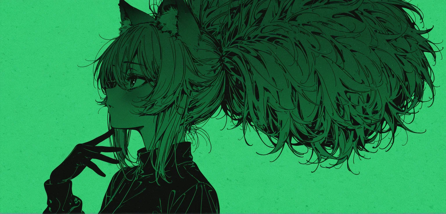 texture masterpiece, best quality, best quality, [quasarcake:crain1art:9], [dlgeria::9], (xxyt-xx:0.85), chen bin, (as109:0.5), fagun_yibei, berryverrine,
cinematic, 1girl, gradient green monochrome, fluffy hair, (from_side:0.67), looking ahead, afro puffs, hair_flaps, big hair, animal_ears, simple background, thick outlines, Standing with one hand on the hip
, (ebifurya), diathorn