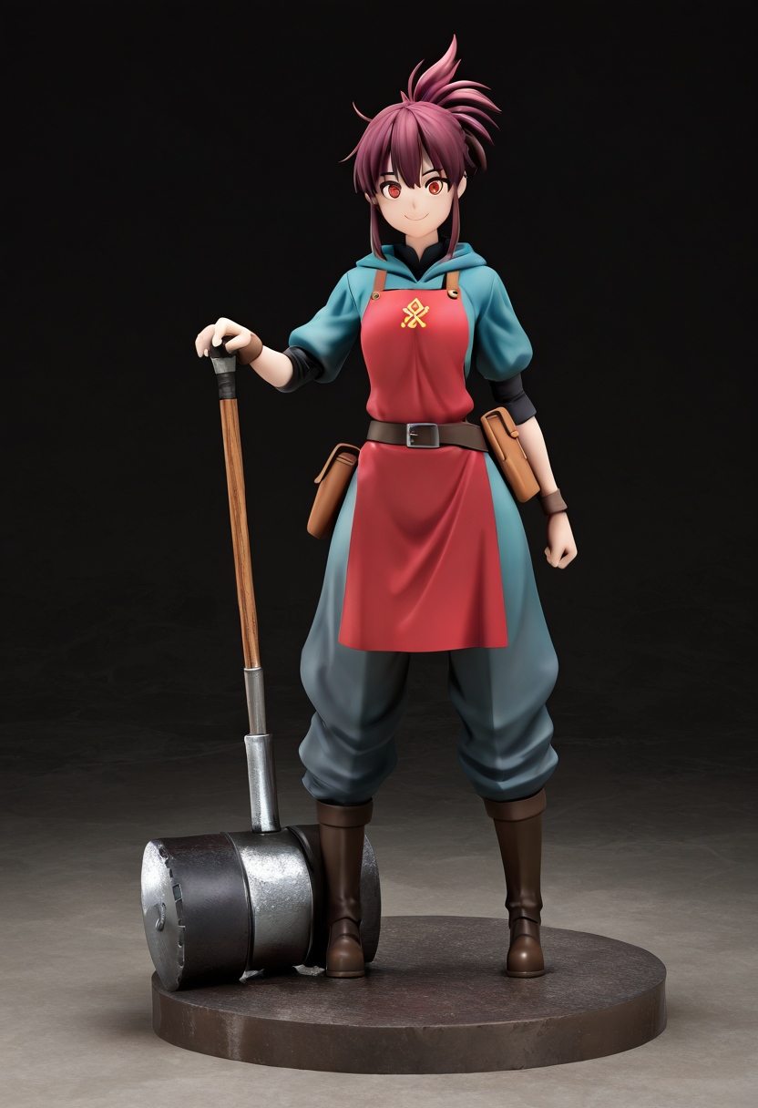masterpiece, best quality, solo, curvy, beautiful eyes, narrow waist, wide hips, 1girl, solo, smile, looking at viewer, dynamic angle, foreshortening, close up,     f1gur3,  ,<lora:AnimeFigure_IXL:1.2>,  [Blacksmithâs Apprentice], simple leather tunic with an apron to protect from sparks, dark, soot-stained trousers with a utility belt, heavy iron boots for protection, hammer hanging from her belt, soot on her face and arms, standing in a forge with glowing coals and an anvil, striking a glowing red-hot piece of metal,