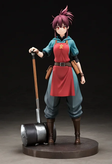 masterpiece, best quality, solo, curvy, beautiful eyes, narrow waist, wide hips, 1girl, solo, smile, looking at viewer, dynamic angle, foreshortening, close up,     f1gur3,  ,<lora:AnimeFigure_IXL:1.2>,  [Blacksmithâs Apprentice], simple leather tunic with an apron to protect from sparks, dark, soot-stained trousers with a utility belt, heavy iron boots for protection, hammer hanging from her belt, soot on her face and arms, standing in a forge with glowing coals and an anvil, striking a glowing red-hot piece of metal,