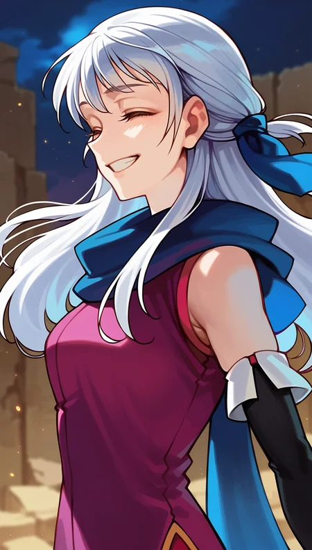 score_9,score_8_up,score_7_up,
highres,highly detailed,
<lora:micaiah:0.9>,
micaiahfe,
1girl,solo,
white hair,long hair,bangs,
looking at viewer,closed eyes,grin,
blue hair bow,blue scarf,purple sleeveless tunic,black detached sleeves,
upper body,arms behind,
blurry background,outdoors,night,(bloom:1.1),(light particles:1.1),starry sky,rubble_ruins,