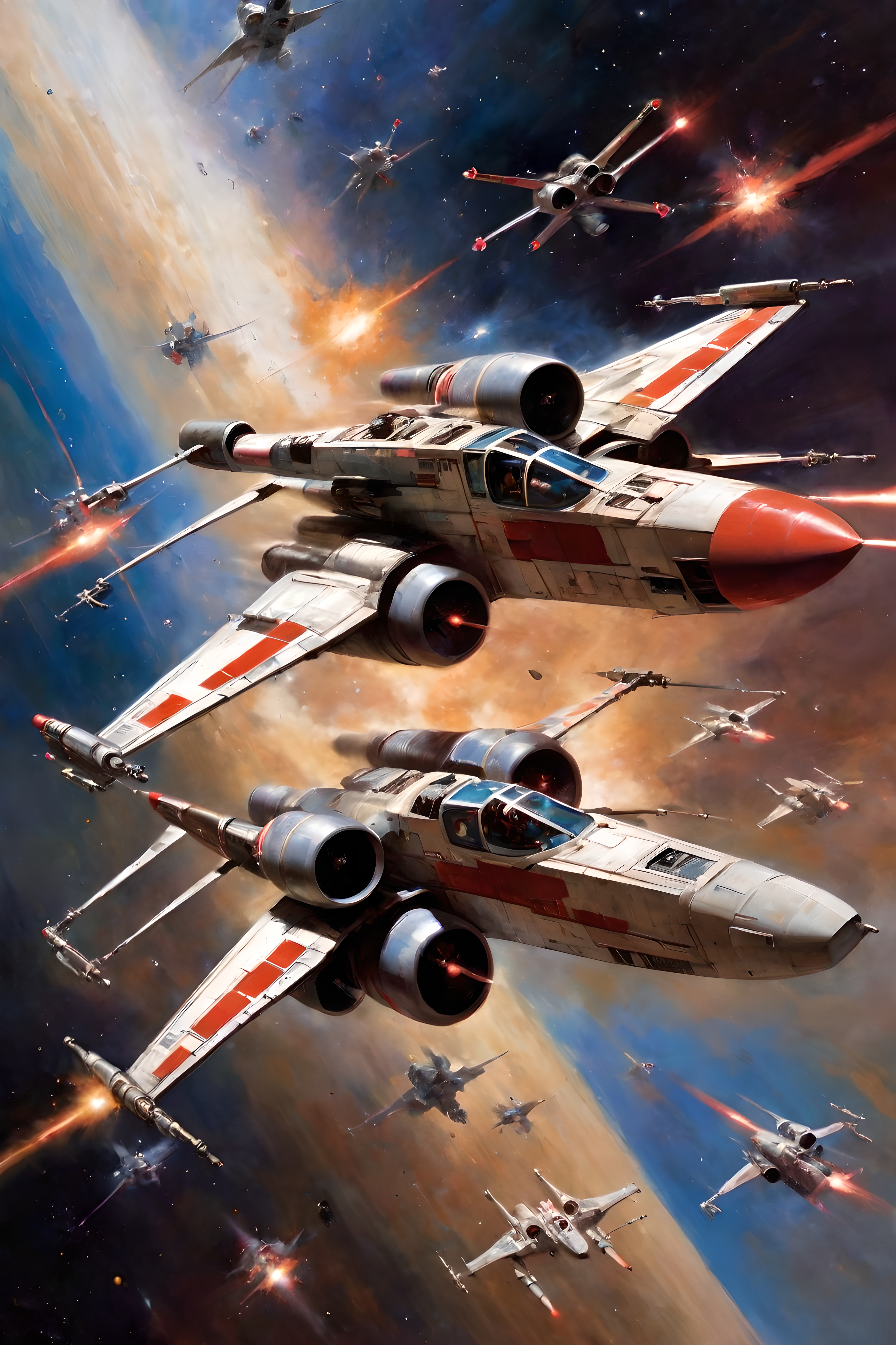 art by john berkey, a masterpiece, stunning detail, a rebellion X-Wing flying through the galaxy, firing red laser missiles, being chased by the empires tie-fighters, 