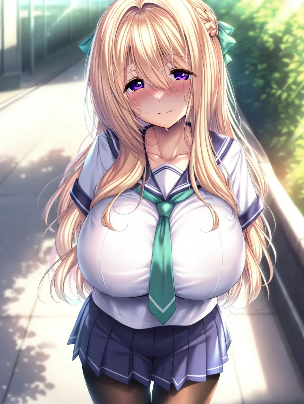 (masterpiece,best quality,ultra_detailed,highres,absurdres:1.2,amazing quality,very aesthetic),<lora:Chitose_2+_ilxl_v1-000010:0.8>,chitose\(Amakano 2+\),1girl,solo,huge breasts,purple eyes,long hair,blonde hair,standing,looking at viewer,serafuku,green necktie,pleated skirt,black pantyhose,outdoors,braid,green bow,hair bow,