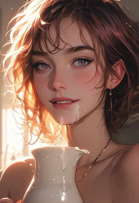masterpiece,best quality, highly detailed, score_9, score_8_up, score_7_up, score_6_up, source_cartoon,
 BREAK
 BREAK
1girl, close-up, kitchen, daytime, natural lighting, girl drinking milk from pitcher, milk spilling, flowing over large natural breasts, slightly exposed, wet skin, flushed cheeks, messy hair, sensual expression, biting lip, detailed textures, glossy liquid, raw emotion, explicit focus, no eye contact, erotic tension, intimate atmosphere.
 BREAK
dynamic light, warm_light, vibrant colors warm_colors, soft focus, high contrast, textured surfaces, depth of field, golden hour lighting, dramatic shadows, rich details, nature-inspired color palette, playful composition.
,dynamic angle,dynamic light,background,