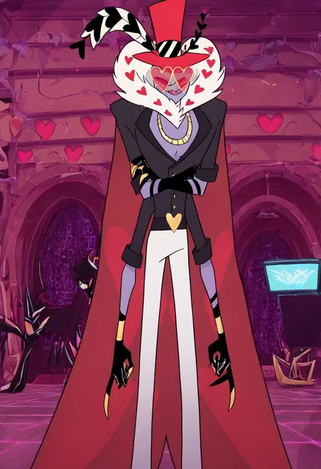 masterpiece, best quality, newest, absurdres, highres, HHStyle, anime, anime style, 1boy, HHVal-V1.0, colored skin, Purple skin, Purple colored skin, demon boy, sharp fingerneils, HHVal-V1.0-no coat, chain, golden chain, necklace, jacket, black jacket, hat, red hat, glasses, heart shped glasses, top hat,