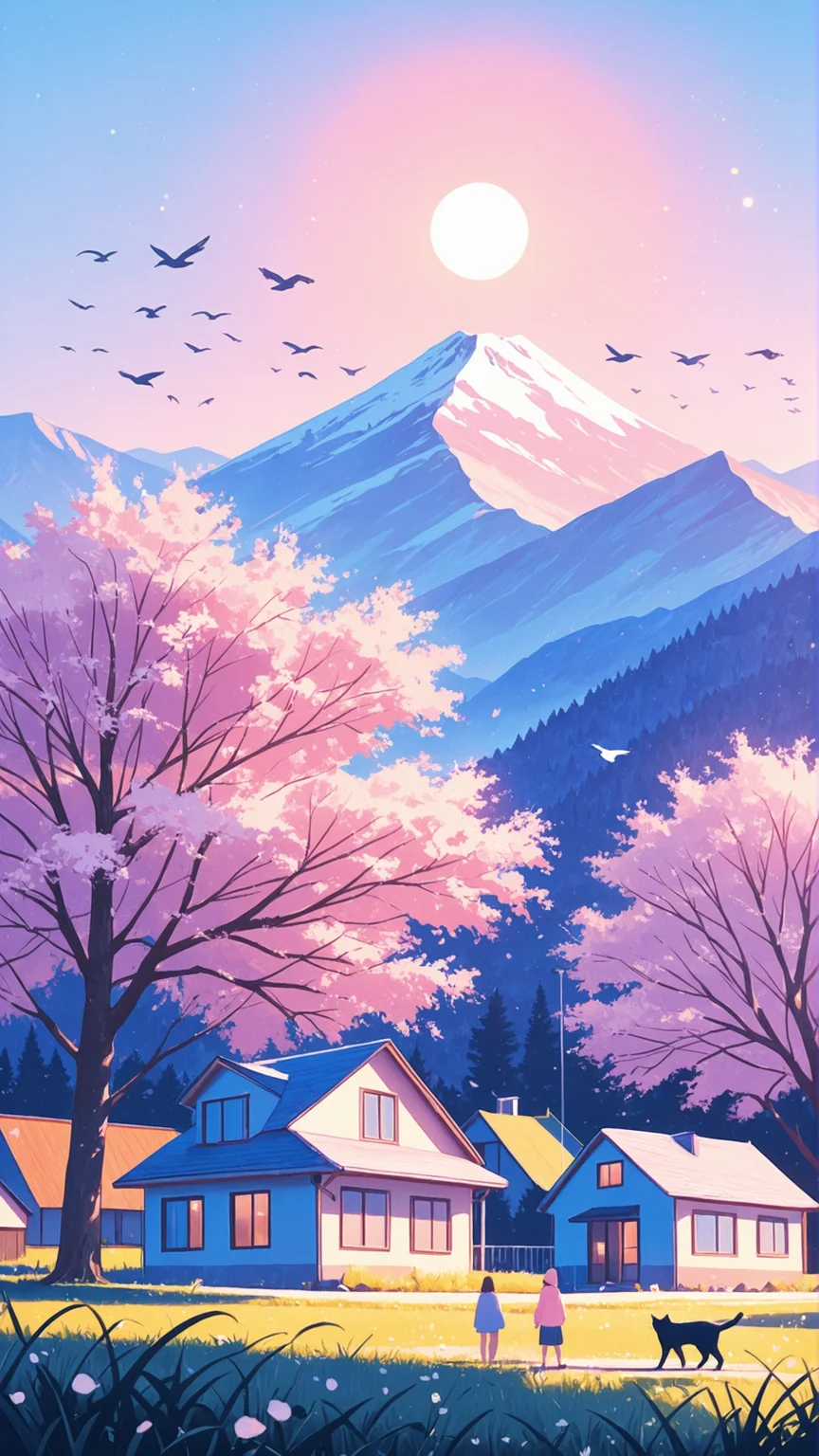 masterpiece, best quality, newest, (realistic face:1.2), rim lighting, pastel colors, real world location, no lineart,
1girl, sun, house, tree, family, cat, mountain, flying birds, grass,