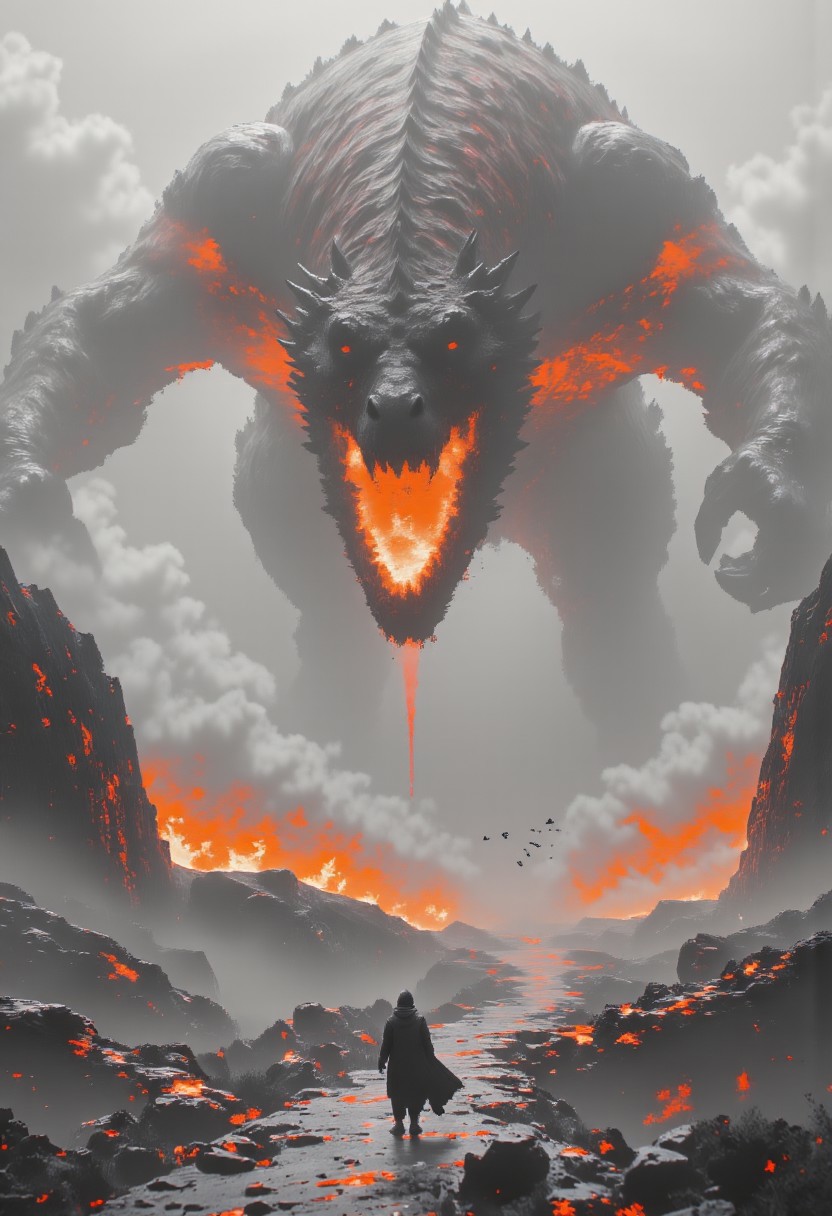 lndscpx, a wide mountain scenery, greyscale with orange Highlights, Misty, deep depth and Long view, neon-mist, a swarm of glitched Neon birds, bosstyle, a towering glitched dragon boss beneath the Milky fog, wide Open mouth, fiery
