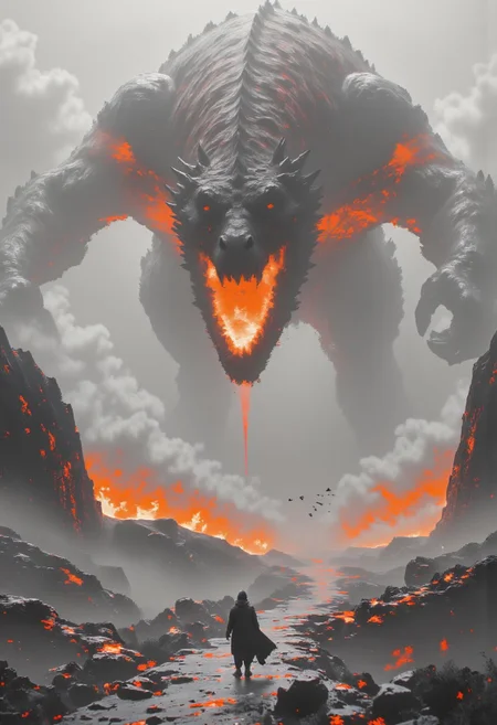 lndscpx, a wide mountain scenery, greyscale with orange Highlights, Misty, deep depth and Long view, neon-mist, a swarm of glitched Neon birds, bosstyle, a towering glitched dragon boss beneath the Milky fog, wide Open mouth, fiery