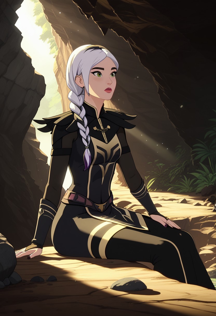 Score_9, Score_8, Score_7, TDPStyle, Claudia, Black and White Hair, Braided, Black Mage Outfit, Green Eyes, Lipstick, sitting in a cave, looking into the distance, with sunlight filtering through the windows, 1girl,