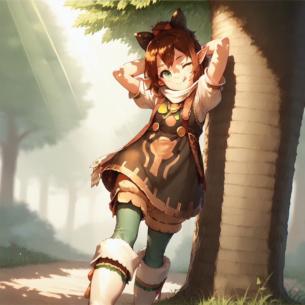 score_9, score_8, score_7, break, cute, millsy, 1girl, brown hair, short hair, hair bow, pointy ears, green eyes, dress, leggings, boots, one eye closed, tongue, head tilt, arms behind head, tree, natural lighting, shadows, sunlight