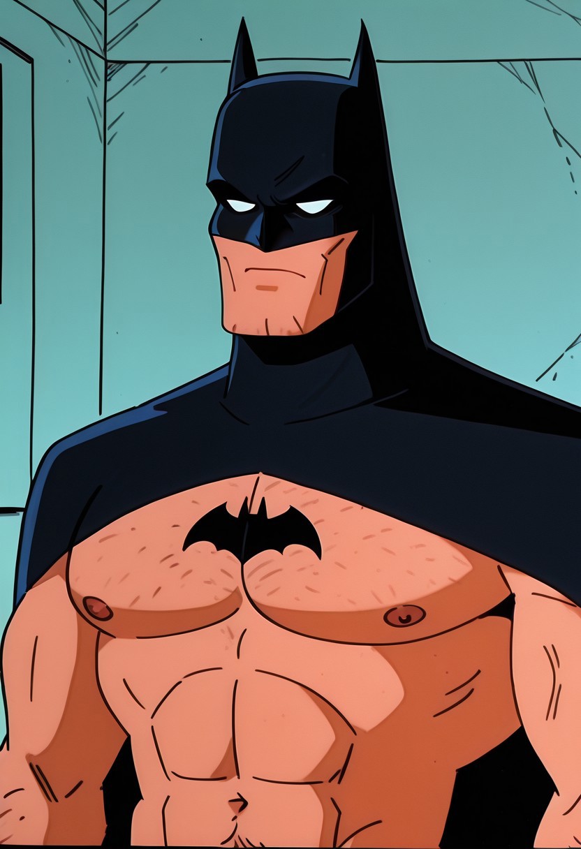 retro game art, traditional media, detailed texture, marker \(medium\), rating_explicit, masterpiece, absurdres, high quality, detailed skin, detailed character design, ultra-high resolution, perfectly composed, clear, breathtaking attention to detail, highres, ultra detail, solo, 
BREAK
(batman), 1boy, solo, male, adult, male focus, 1boy, white sclera without pupils, detailed face, cheekbones, mask with black pointy ears, black cape, lavendertowne