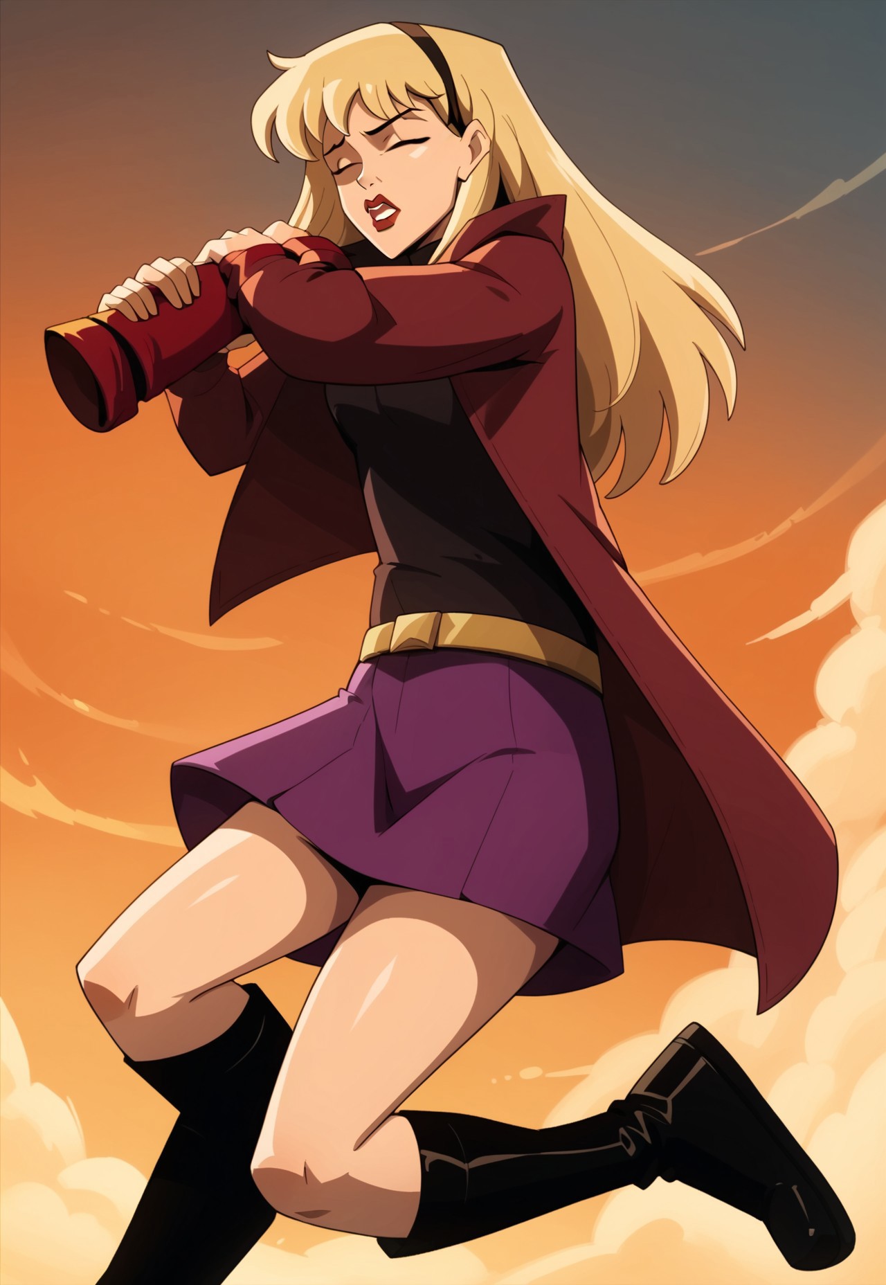 score_9, score_8, score_7, source_cartoon, gwen stacy, red lips, open mouth, closed eyes, boots, purple skirt, 1980s (style), lipstick, parted lips, belt