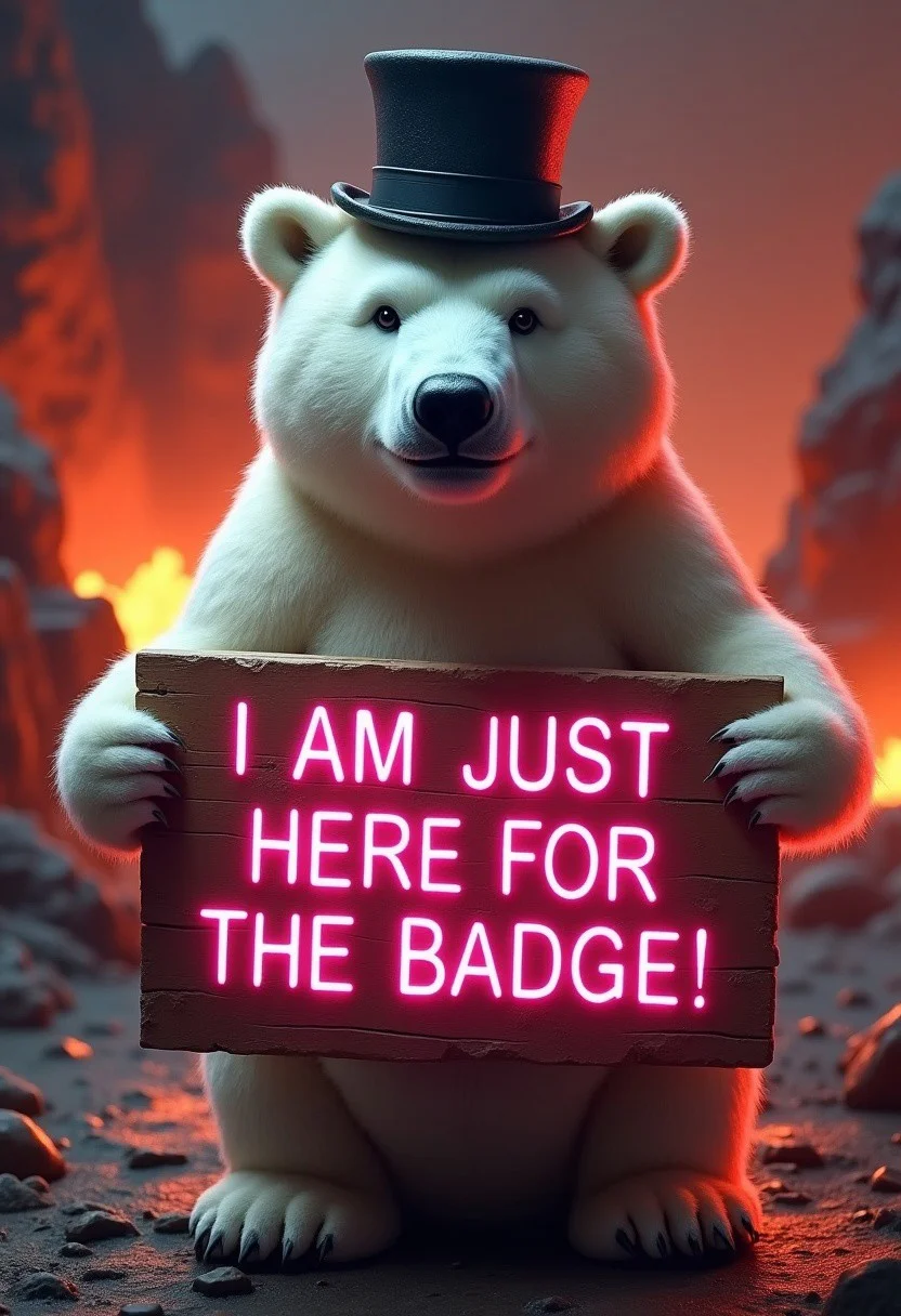 A photorealistic polar bear standing upright, wearing a top hat, holding a wooden sign with neon-pink text that says "I am just here for the badge!" against a hellfire and lava backdrop. Realistic and detailed. Highly detailed background.