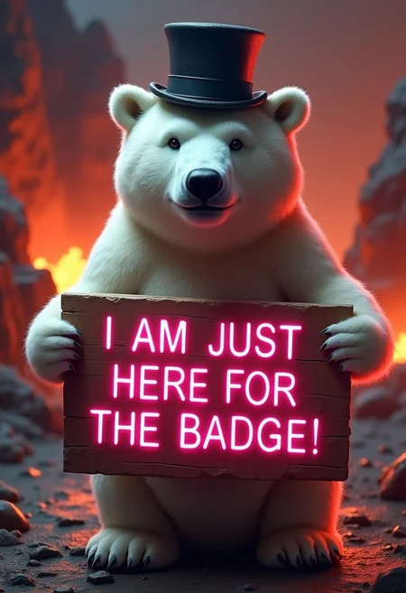 A photorealistic polar bear standing upright, wearing a top hat, holding a wooden sign with neon-pink text that says "I am just here for the badge!" against a hellfire and lava backdrop. Realistic and detailed. Highly detailed background.