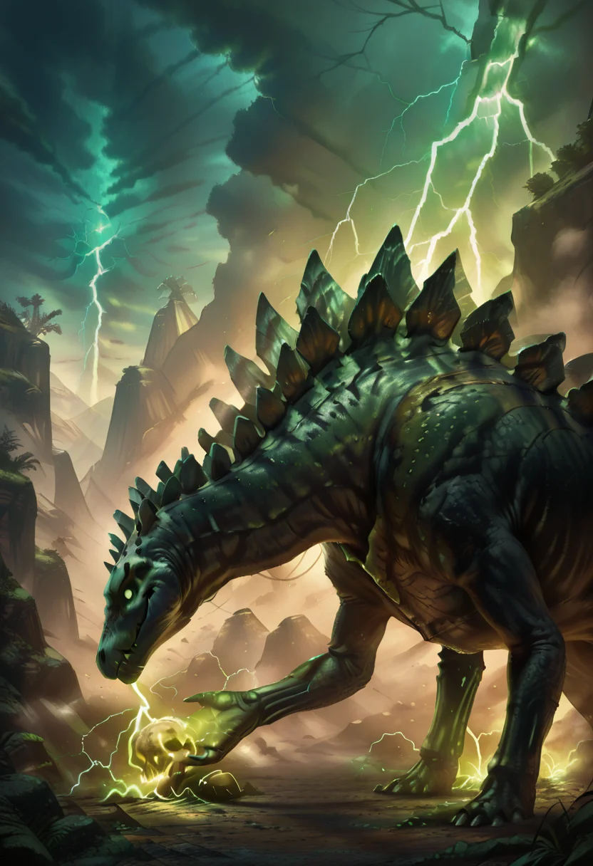 masterpiece, best quality, solo, no humans,     zzStego, close up, side view, outdoors,   ,<lora:StegosaurusDinosaur_IXL:0.8>,   N3cronL0rd, glowing, (skull, electricity, skeleton), lightning, ,  ,<lora:NecronLord_IXL:1.0>,