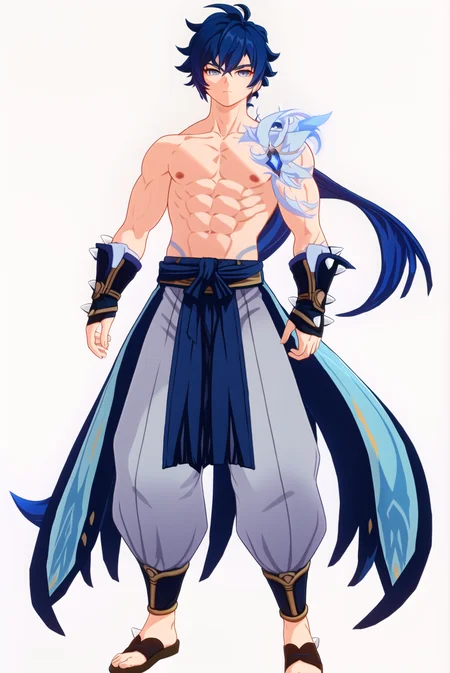 masterpiece, best quality, wral, solo, 1boy, male focus, blue hair, super saiyan, blue eyes, muscular, spiked hair, abs, full body, white background, pectorals, sash, pants, blue sash, muscular male, simple background, topless male, standing