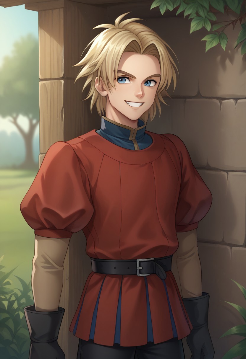score_9, score_8_up, score_7_up, source_anime, highly detailed, 
kiefer, 1boy, male focus, solo, blonde hair, blue eyes, tunic, red tunic, puffy sleeves, shirt, blue shirt, high collar, gloves, pants, black pants, smile, grin
outdoor, wood,