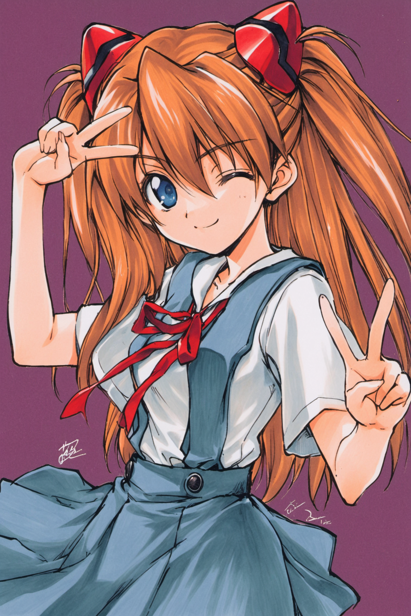 1girl,souryuu asuka langley,solo,long hair,school uniform,blue eyes,smile,white background,ribbon,shirt,simple background,v,one eye closed,orange hair,short sleeves,skirt,red ribbon,neck ribbon,white shirt,bangs,hair between eyes,looking at viewer,tokyo-3 middle school uniform,signature,closed mouth,two side up,hair ornament,suspender skirt,interface headset,suspenders,traditional media,cowboy shot,blue skirt,<lora:Azuma Mayumi_XL:0.8>,