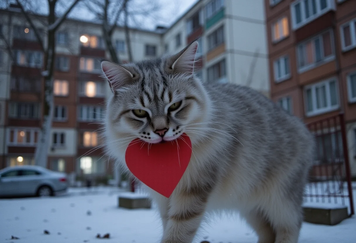 cinematic photo Winter evening, light from the windows of houses. The cat is carrying a small card in the shape of a red heart in its teeth. post-soviet, panel building, panelki, . 35mm photograph, film, bokeh, professional, 4k, highly detailed