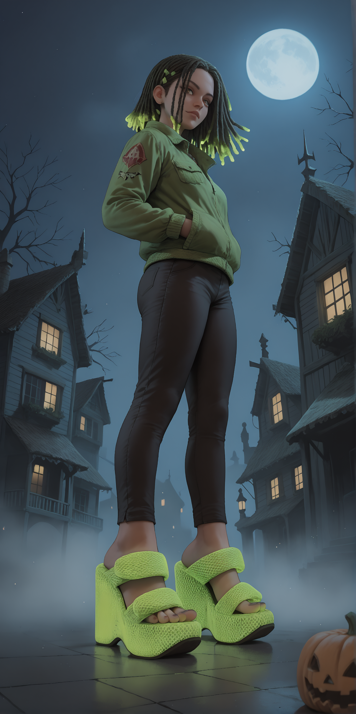 score_9, score_8_up, score_7_up, score_6_up, realistic,
wide angle, standing, low angle, foot focus, from side,
standing,
(glowing neon footwear:1.1),
(glowing neon hair:1.15),
1girl, leather pants, green short jacket, black and green hair, dreadlocks, 
ï»¿(ï»¿m3sh heels), platform footwear,
halloween scene, fog, haunted house, night,
green toenail polish,
embedding:zPDXLrl ,
embedding:zPDXL2 ,