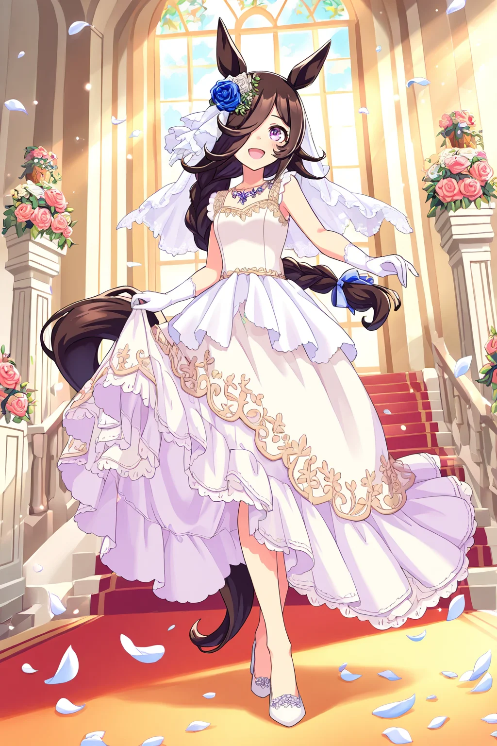 masterpiece,best quality,very aesthetic,absurdres,highres,newest,official art,official style,
1girl,solo,
rcs lfs, rice shower (longed-for scenery) (umamusume), rice shower (umamusume),
alternate costume, alternate hairstyle, animal ears, blue flower, blue rose,
blush, braid, braided ponytail, bridal veil, bride, brown hair, collarbone,
dress, flower, gloves, hair flower, hair ornament, hair over one eye, horse ears, horse girl, horse tail,
jewelry, long braid, long hair, low ponytail, necklace, official alternate costume, official alternate hairstyle,
petals, purple eyes, rose, sleeveless, sleeveless dress, tail, upper body, veil, violet eyes,
wedding, wedding dress, wedding ring, white dress, white flower, white gloves, white headwear,
standing,full body,
<lora:umamusume_rice_shower2_ill_v1.0:1>,