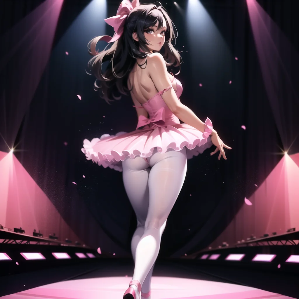full body, dark-skinned female:1.3, mature female:1.3, long eyelashes, lips, looking back, looking at viewer, from behind, masterpiece, best quality, 1girl, solo, standing, pink tutu, stage:1.3, ribbon-trimmed tutu, pink pantyhose <lora:Tutu-000020:0.75>