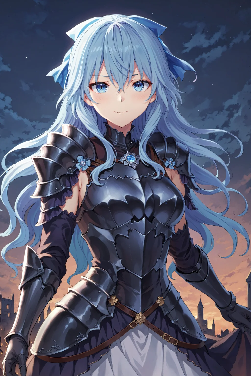 light smile, solo, standing, evil knight, sgliselotte, blue hair, blue eyes, hair bow, (black armor:1.2), long gloves, night sky background, masterpiece, best quality <lora:liselotte-animaginexl-1:0.8>