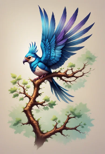Faded Headshot, faded bottom, faded edges <lora:FadedHeadshot:1>,score_9,score_8_up,score_7_up,score_6_up,score_5_up,score_4_up vibrant beautiful fantasy bird, with long detailed feathers, perching on a tree branch, bright colors, high contrast, vivid lighting, faded illustration, colored pencil sketch, nature book