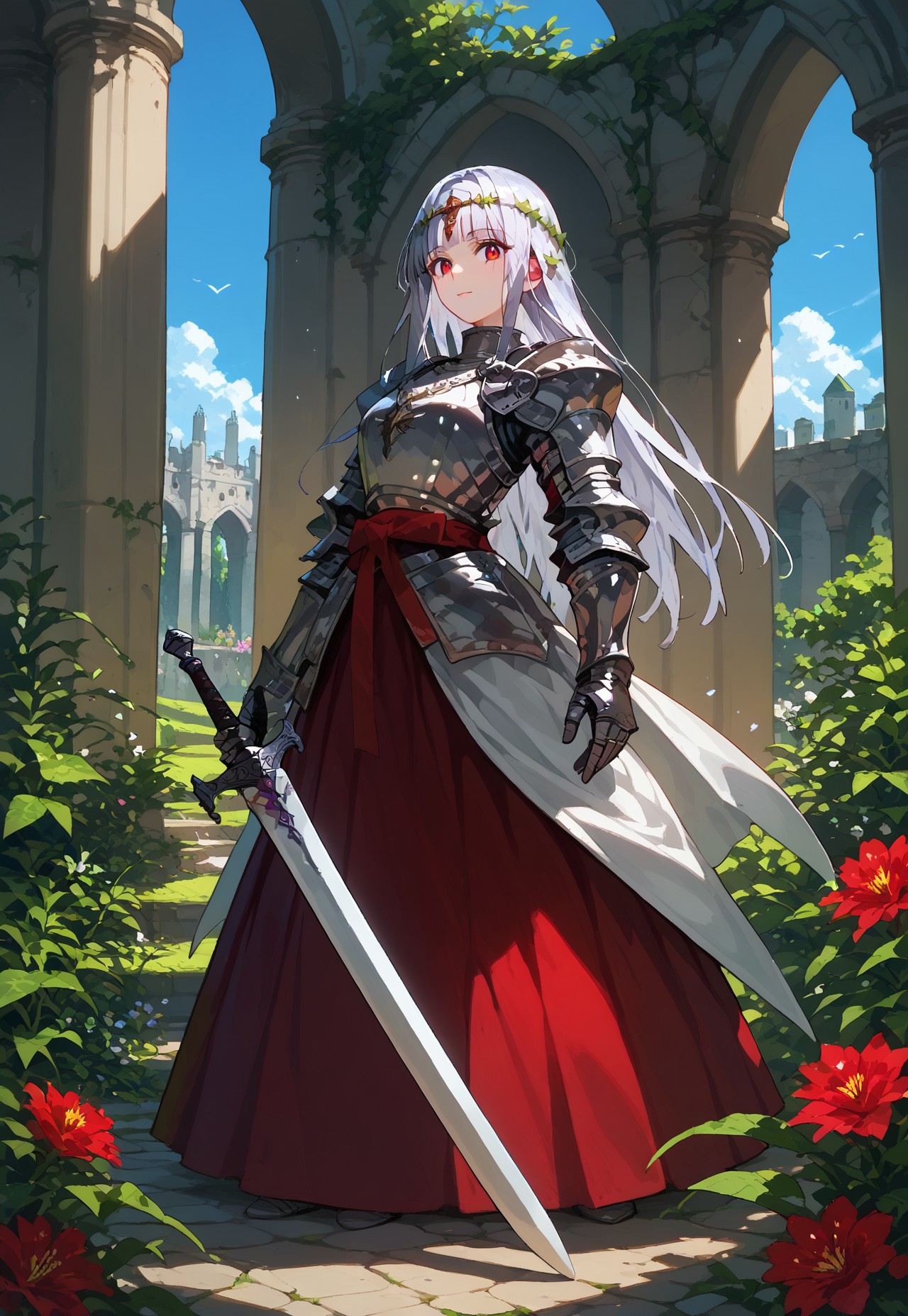 safe_pos, (score_9,score_8_up,score_7_up),ultra-detailed,1girl,solo,hime style hair,solo,knight,armor,plate armor,silver armor,shiny armor,engraved,skirt,red skirt,long skirt,red sash,circlet,holding sword,one sword,large sword,jeweled sword,scabbard,leather straps,silver hair,long hair,red eyes,breasts,slim,beautiful,calm,slight smile,hand on chest,outdoors,medieval castle,columns,ruins,scenery,day,blue sky,garden,flowers,colorful flowers,vines,