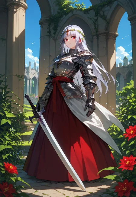 safe_pos, (score_9,score_8_up,score_7_up),ultra-detailed,1girl,solo,hime style hair,solo,knight,armor,plate armor,silver armor,shiny armor,engraved,skirt,red skirt,long skirt,red sash,circlet,holding sword,one sword,large sword,jeweled sword,scabbard,leather straps,silver hair,long hair,red eyes,breasts,slim,beautiful,calm,slight smile,hand on chest,outdoors,medieval castle,columns,ruins,scenery,day,blue sky,garden,flowers,colorful flowers,vines,