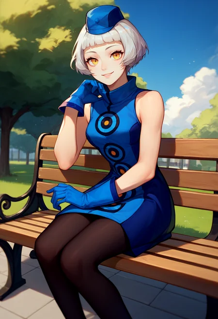 score_9, score_8_up, score_7_up, solo, 1girl, p3elizabeth, slight smile, looking at viewer, sitting, park bench, hat, blue dress, sleeveless dress, blue gloves, black pantyhose <lora:persona3_elizabeth_ponyXL:1>
