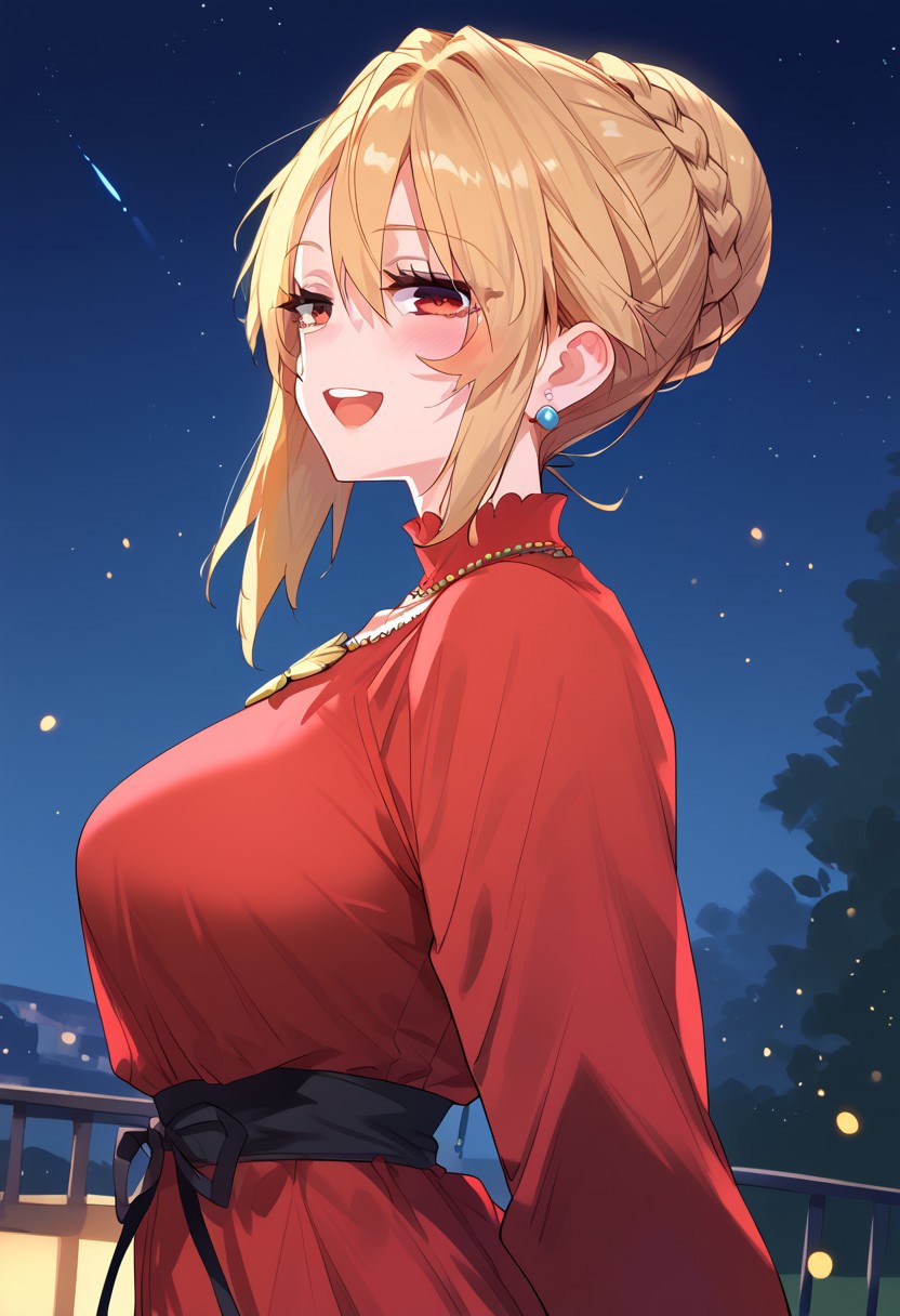 zPDXL3, score_9_up, score_8_up, score_7_up, (Anime_source), 1girl, Angelica.R.R., red eyes, blonde hair, long hair, bun hair, braid, red dress, necklace, from side, looking at viewer, dutch angle, smile, little blush, open mouth, half closed eyes, night, stars, particles