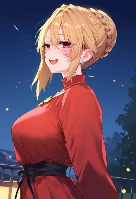 zPDXL3, score_9_up, score_8_up, score_7_up, (Anime_source), 1girl, Angelica.R.R., red eyes, blonde hair, long hair, bun hair, braid, red dress, necklace, from side, looking at viewer, dutch angle, smile, little blush, open mouth, half closed eyes, night, stars, particles