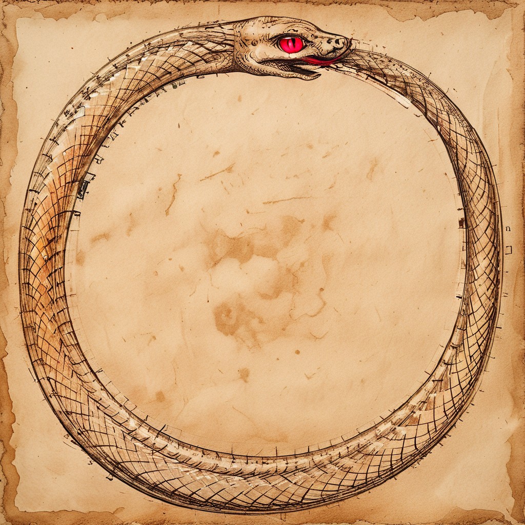 Ouroboros, ruby colored eyes, snake eating its own tail, snake with its tail in its mouth, style of Leonardo da Vinci, snake, solo snake, drawn on ancient parchment paper, background is parchment paper. detailed background.