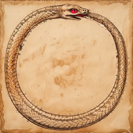 Ouroboros, ruby colored eyes, snake eating its own tail, snake with its tail in its mouth, style of Leonardo da Vinci, snake, solo snake, drawn on ancient parchment paper, background is parchment paper. detailed background.