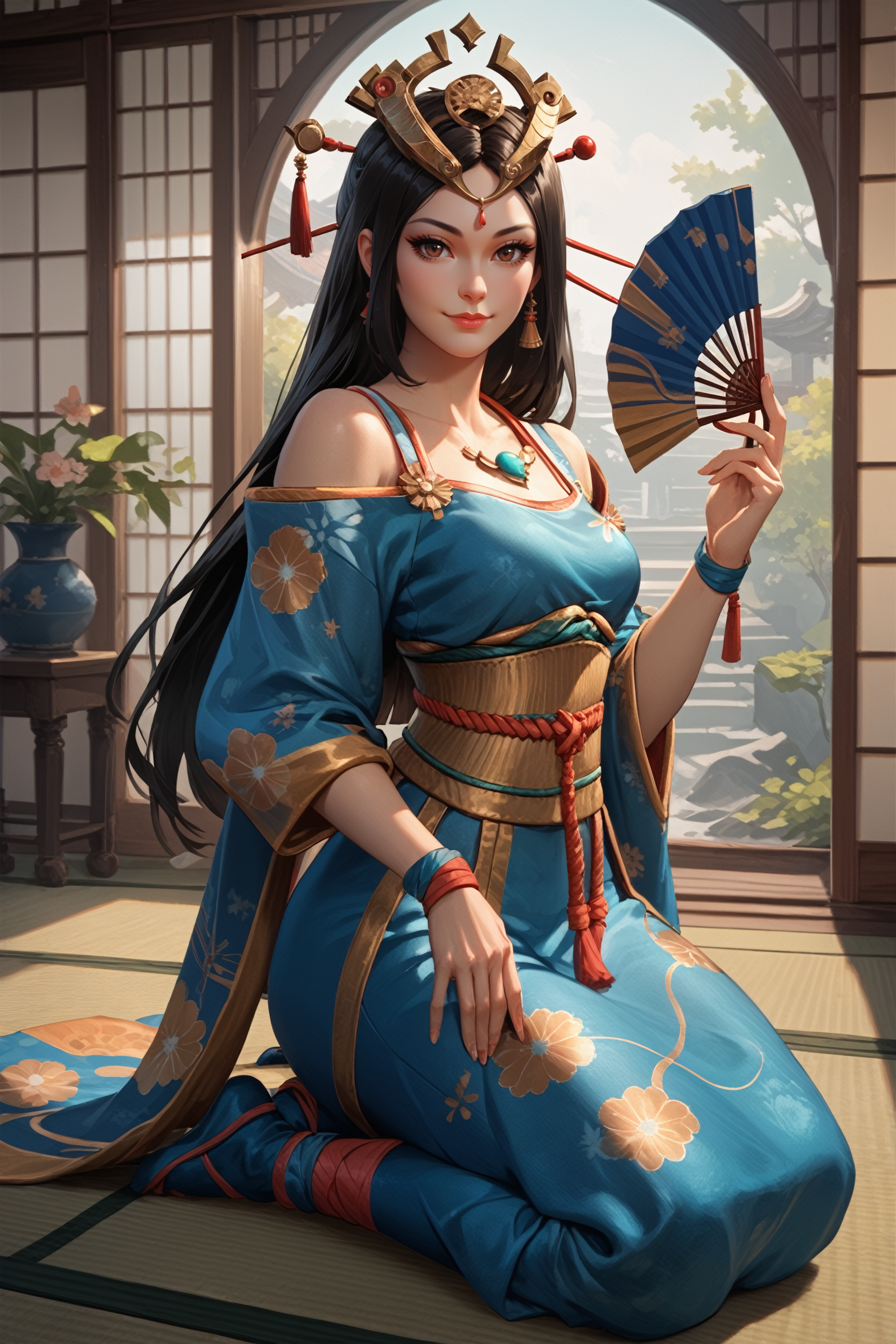 score_9, score_8_up, score_7_up, score_6_up
<lora:SAmaterasu:0.8>
SAmaterasu, 1girl, black hair, long hair, brown eyes, headpiece, looking at viewer, holding hand fan, indoors, kneeling, Japanese architecture, smile, off-shoulder kimono