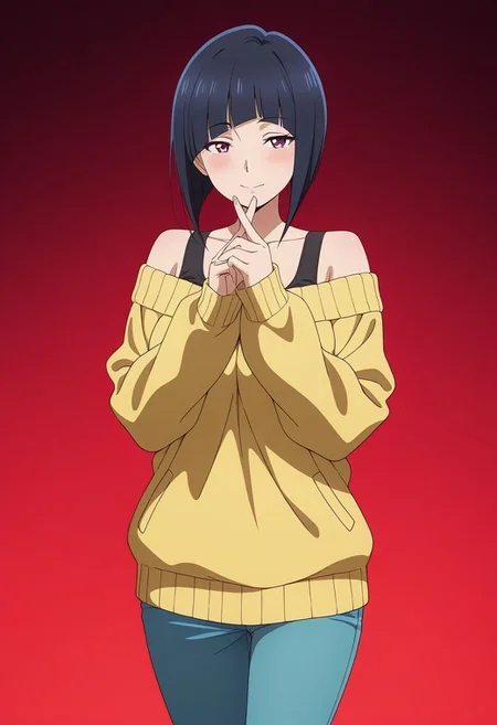 masterpiece, best quality, amazing quality, anime coloring, anime screencap, 1girl, mature female, inverted bob, black hair, blunt bangs, cowboy shot,  BREAK  simple background,  dynamic pose gradient background,  red  background  off-shoulder sweater,     crossed fingers,