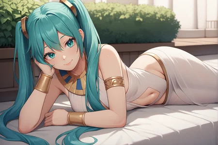 score_9,score_8_up,score_7_up,source_anime,<lora:Oekakizuki-Style-PonyXL-v1:0.8>,1girl,<lora:Everlasting_Summer_Miku_by_GraffMetal:0.7>,miku,aqua hair,long hair,twintails,aqua eyes,
egyptian_clothes,garden,on_side,arm_behind_head,(smile:0.6),lying,