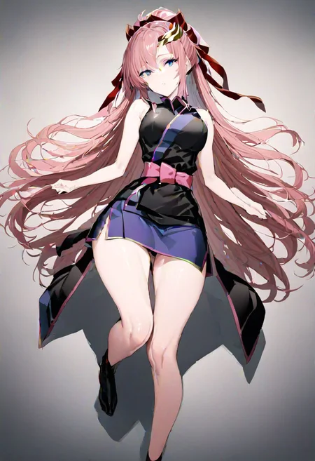 masterpiece, best quality, ultra-detailed, beautiful, nai3, 1girl, solo, full_body, tachi-e, 
lacus clyne, grey eyes, pink hair, long hair, bangs, hair ornament, japanese clothes, black sleeveless kimono, bare shoulders, red hair ribbon