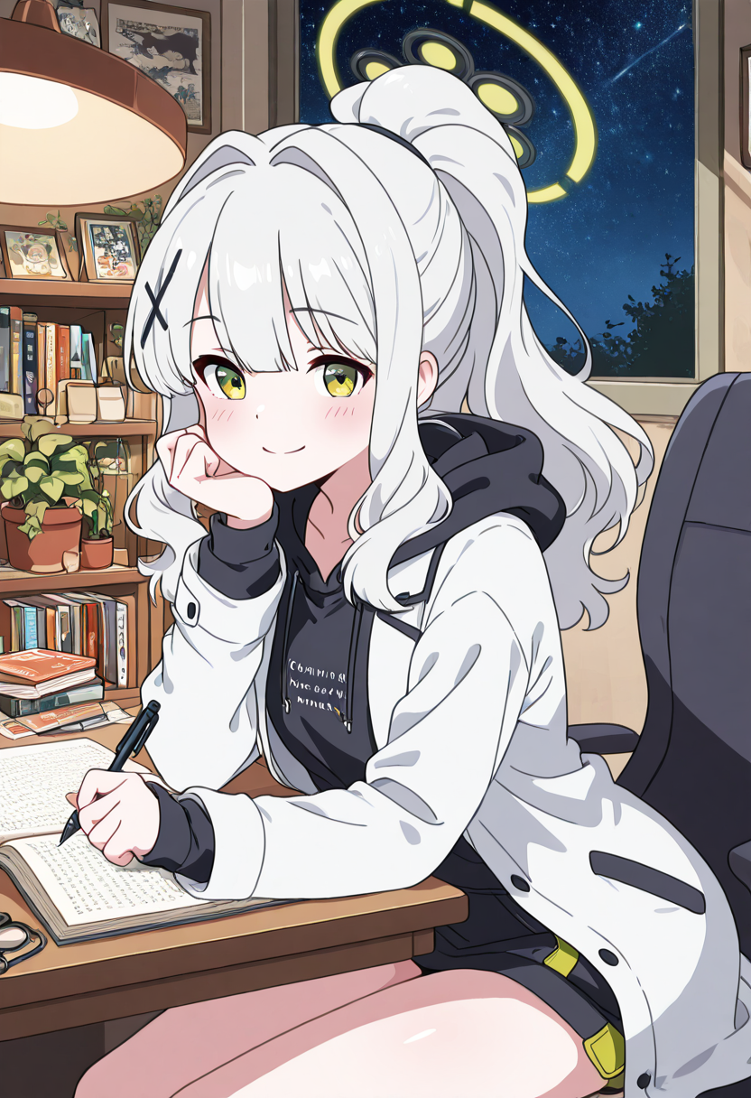 masterpiece, best quality, solo, curvy, beautiful eyes, narrow waist, wide hips, 1girl, solo, smile, looking at viewer,   zzHare, green eyes, grey hair, long hair, ponytail, x hair ornament, hair between eyes, green halo, hair intakes,  black hoodie, open clothes, white jacket,  <lora:OmagariHareBlueArchive_IXL_v1:1.0>, , zzLofi, sitting, side view, desk, chair, book, bookshelf, head rest, holding, holding pen, lamp, night, open book, pen, plant, potted plant, sky, star (sky), starry sky, window, windowsill, writing, <lora:LofiGirl_Style_IXL:0.8>,