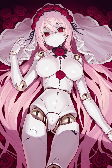 masterpiece, best quality, amazing quality,
 <lora:SloBid_IL:1> slobid, 1girl, joints, pink hair, long hair, lying, doll joints, solo, flower, on back, virtual youtuber, red eyes, breasts, rose, veil, android, looking at viewer, very long hair