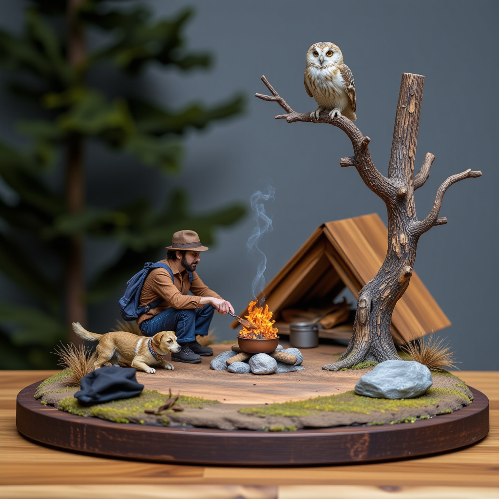 A miniature diorama of a traveler cooking over a campfire in the woods at night. His dog sits beside him and his new friend, an owl, sits on a nearby tree branch. A magical night. <lora:Flux.1_Turbo_Detailer:0.7>, <lora:Diorama_Flux:1>